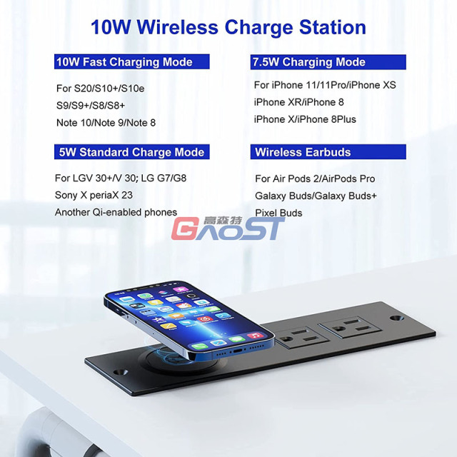 Recessed Power Strip with USB Ports, Desk Outlet 10W Wireless Charging Station with 2 Outlet & 2 USB Ports, Furniture Outlet Power Strip for Sofa Table ,Cabinet, Drawer, 6.56FT Cord, UL Listed