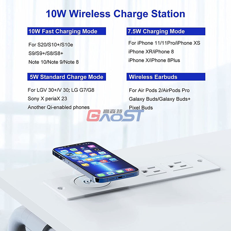 Recessed Power Strip with USB Ports, Desk Outlet 10W Wireless Charging Station with 2 Outlet & 2 USB Ports, Furniture Outlet Power Strip for Sofa Table ,Cabinet, Drawer, 6.56FT Cord, UL Listed