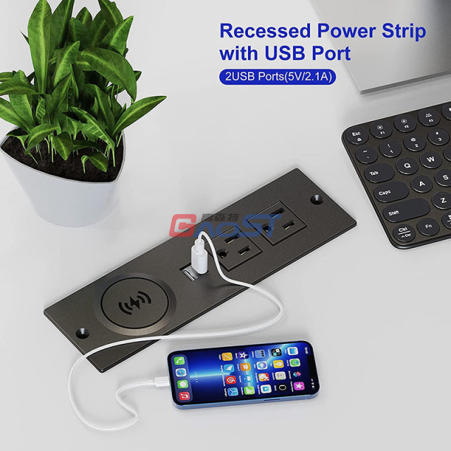 Recessed Power Strip with USB Ports, Desk Outlet 10W Wireless Charging Station with 2 Outlet & 2 USB Ports, Furniture Outlet Power Strip for Sofa Table ,Cabinet, Drawer, 6.56FT Cord, UL Listed