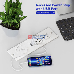 Recessed Power Strip with USB Ports, Desk Outlet 10W Wireless Charging Station with 2 Outlet & 2 USB Ports, Furniture Outlet Power Strip for Sofa Table ,Cabinet, Drawer, 6.56FT Cord, UL Listed