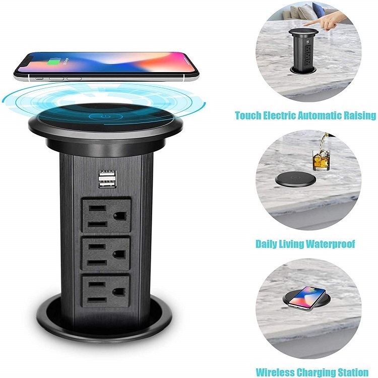 US Motorized Lift Up Socket for Kitchen Desktop Countertop, with 3 AC 2 USBA charging QI wireless chargingTable Pop Up Power Socket with Multifuctional ports