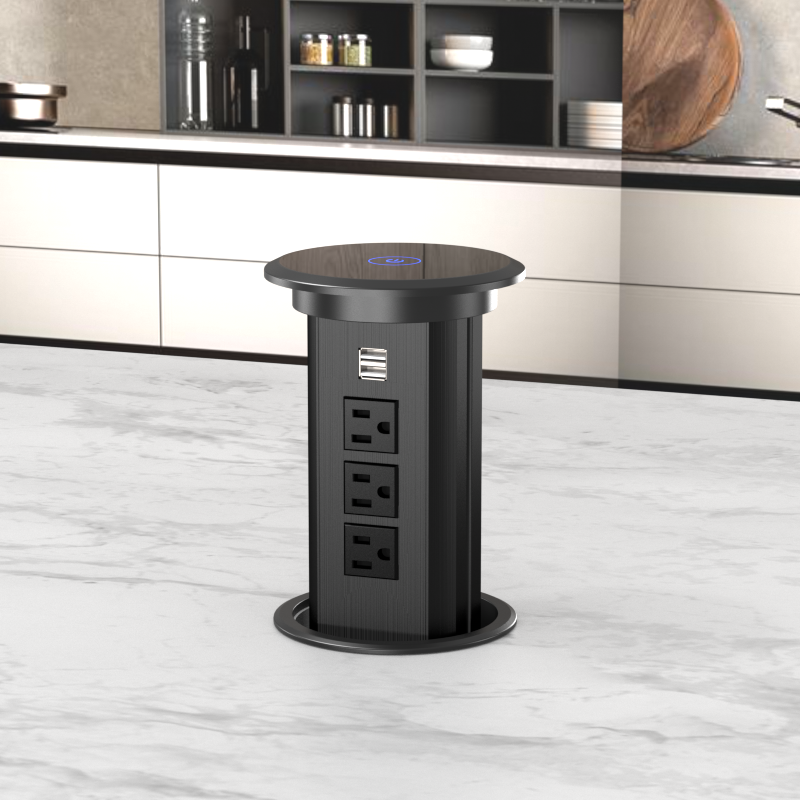 US Motorized Lift Up Socket for Kitchen Desktop Countertop, with 3 AC 2 USBA charging QI wireless chargingTable Pop Up Power Socket with Multifuctional ports