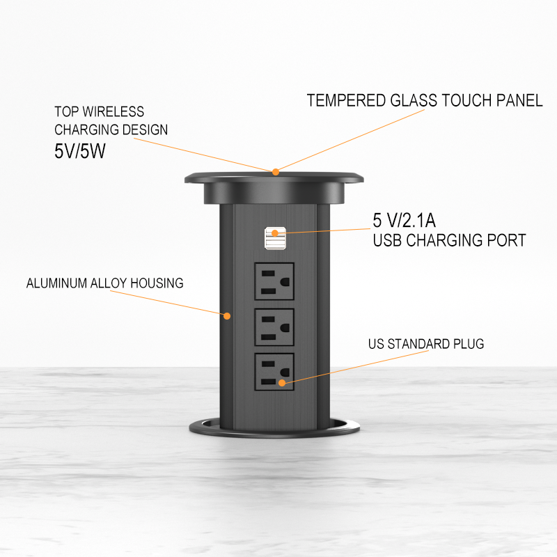 US Motorized Lift Up Socket for Kitchen Desktop Countertop, with 3 AC 2 USBA charging QI wireless chargingTable Pop Up Power Socket with Multifuctional ports