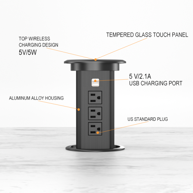 US Motorized Lift Up Socket for Kitchen Desktop Countertop, with 3 AC 2 USBA charging QI wireless chargingTable Pop Up Power Socket with Multifuctional ports