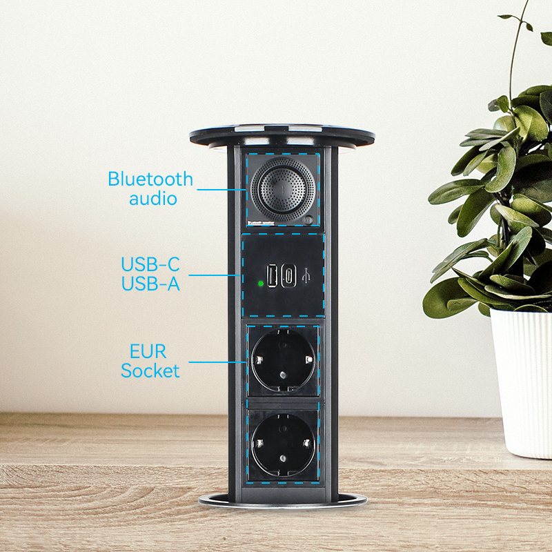 Pneumatic Pop up socket for kitchen countertop with USB charging, bluetooth speaker, wireless charging