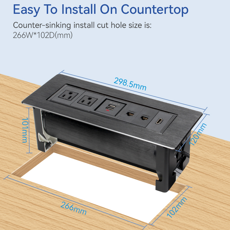 Black Alloy manual flip up rotary power socke with multifunctional sockets for USA, Canada,South of American