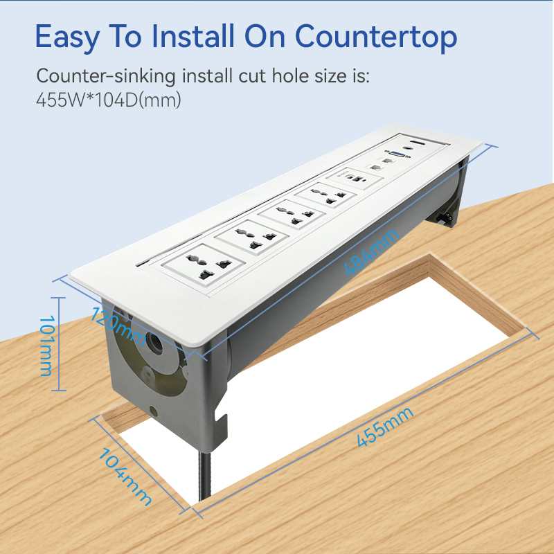 Manual flip up white socket for conference service desks with 4 universal sockets USBA Type C charging Multifunctional Sockets with CAT6 RJ45 HDMI