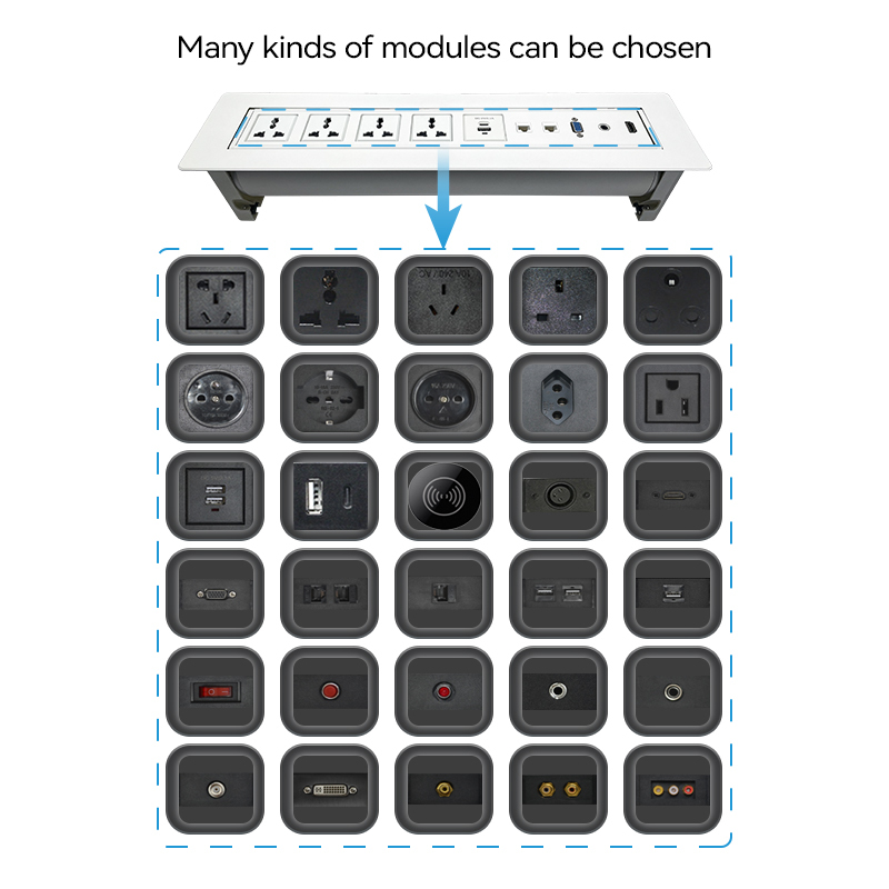 Manual flip up white socket for conference service desks with 4 universal sockets USBA Type C charging Multifunctional Sockets with CAT6 RJ45 HDMI
