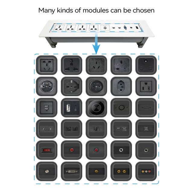 Manual flip up white socket for conference service desks with 4 universal sockets USBA Type C charging Multifunctional Sockets with CAT6 RJ45 HDMI