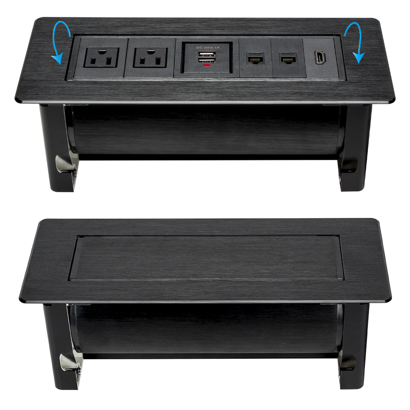 Black Alloy manual flip up rotary power socke with multifunctional sockets for USA, Canada,South of American