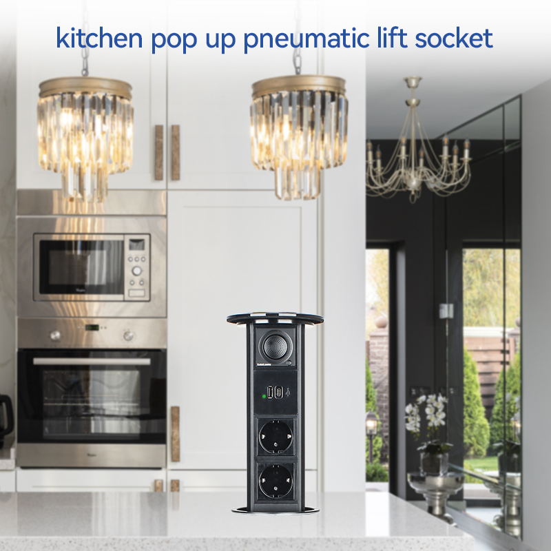 Pneumatic Pop up socket for kitchen countertop with USB charging, bluetooth speaker, wireless charging