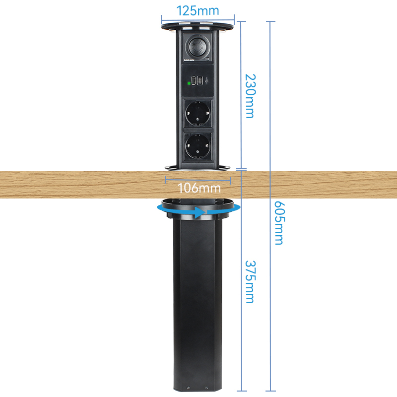 Pneumatic Pop up socket for kitchen countertop with USB charging, bluetooth speaker, wireless charging