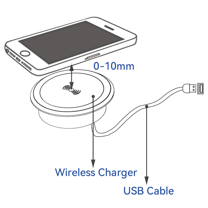 Black round sofa socket with 15w wireless charging recessed sockets on table desk sofa wireless charger
