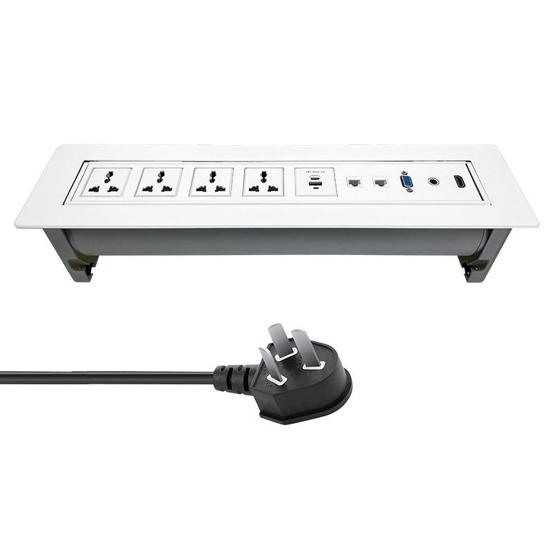 Manual flip up white socket for conference service desks with 4 universal sockets USBA Type C charging Multifunctional Sockets with CAT6 RJ45 HDMI