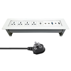 Manual flip up white socket for conference service desks with 4 universal sockets USBA Type C charging Multifunctional Sockets with CAT6 RJ45 HDMI