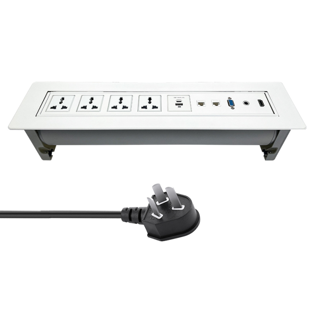 Manual flip up white socket for conference service desks with 4 universal sockets USBA Type C charging Multifunctional Sockets with CAT6 RJ45 HDMI
