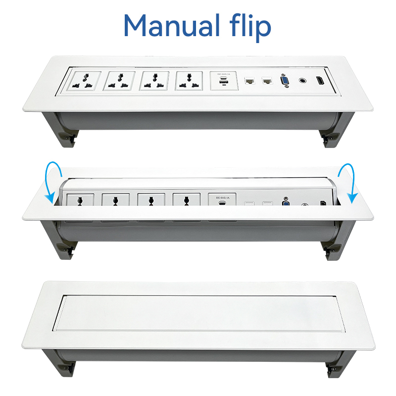 Manual flip up white socket for conference service desks with 4 universal sockets USBA Type C charging Multifunctional Sockets with CAT6 RJ45 HDMI