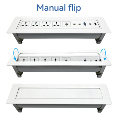 Manual flip up white socket for conference service desks with 4 universal sockets USBA Type C charging Multifunctional Sockets with CAT6 RJ45 HDMI
