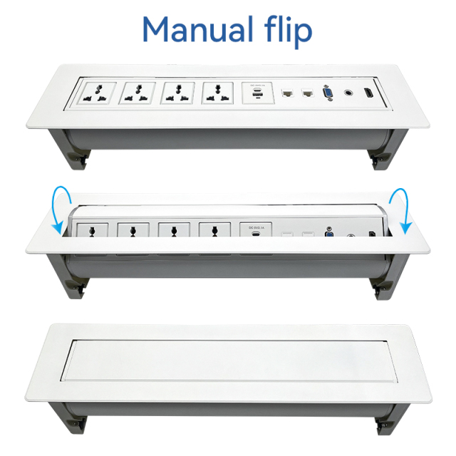 Manual flip up white socket for conference service desks with 4 universal sockets USBA Type C charging Multifunctional Sockets with CAT6 RJ45 HDMI