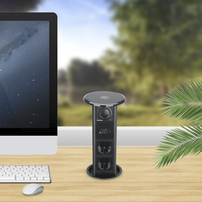 Pneumatic Pop up socket for kitchen countertop with USB charging, bluetooth speaker, wireless charging