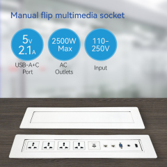 Manual flip up white socket for conference service desks with 4 universal sockets USBA Type C charging Multifunctional Sockets with CAT6 RJ45 HDMI