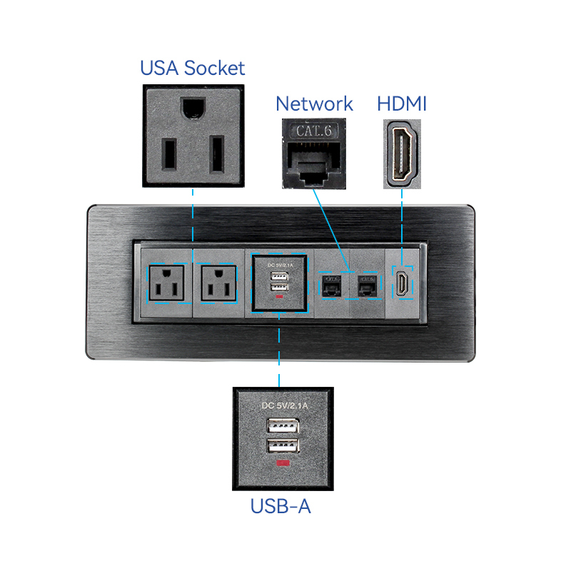 Black Alloy manual flip up rotary power socke with multifunctional sockets for USA, Canada,South of American