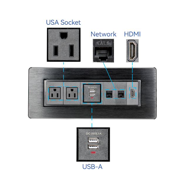 Black Alloy manual flip up rotary power socke with multifunctional sockets for USA, Canada,South of American