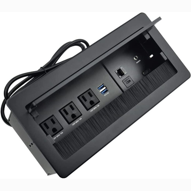 GST Tabletop Multimedia Connectivity Box with 3 AC Power+2 USB-A Charge+1 HDMI+1 RJ45(CAT6)+1 USB-C Data +1 Audio with 5.58ft Power Cord for Conference Room(Black)