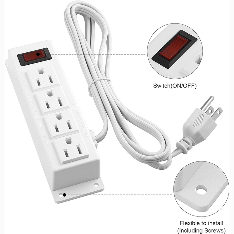 Wall Mount Power Outlet Strip, 4 Outlet Mountable Power Strip with Switch, Under Desk Power Strip Connect with 6ft Cord Mount Under Desk, Workbench, Nightstand, Dresser, Table