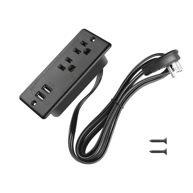 Recessed Power Strip Flat Plug, Desk Outlet with USB, Conference Recessed Power Outlet Socket with 2 AC Plugs, 2 USB Ports Connect with 6.56ft Power Cord for Furniture, Home, Office