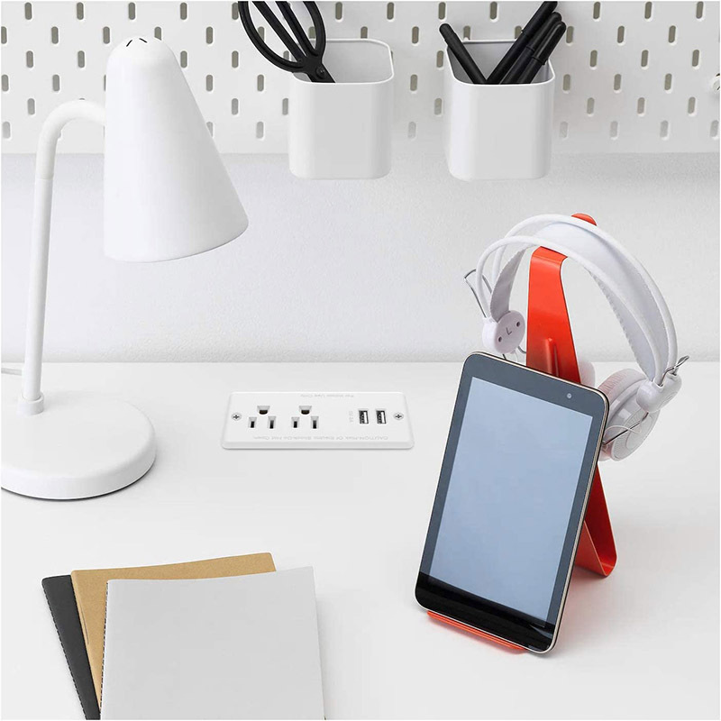 Recessed Power Strip Flat Plug, White Desk Outlet with USB Conference Recessed Power Outlet Socket with 2 AC Plugs, 2 USB Ports Connect with 6.56ft Power Cord for Furniture, Home, Office