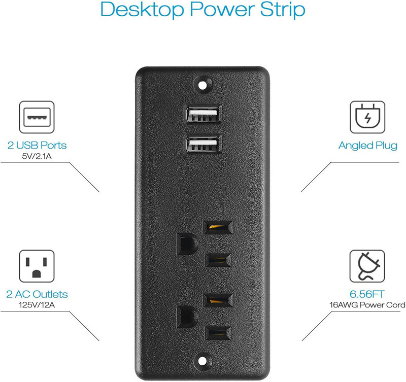Recessed Power Strip Flat Plug, Desk Outlet with USB, Conference Recessed Power Outlet Socket with 2 AC Plugs, 2 USB Ports Connect with 6.56ft Power Cord for Furniture, Home, Office