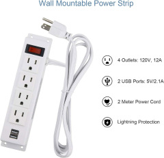Wall Mount Power Strip with 4 Outlet, Mountable Power Strip with 2 USB Ports, 4-Port Under Desk Mount Connect with 6FT Power Cord, for Workbench, Nightstand, Dresser, Table.