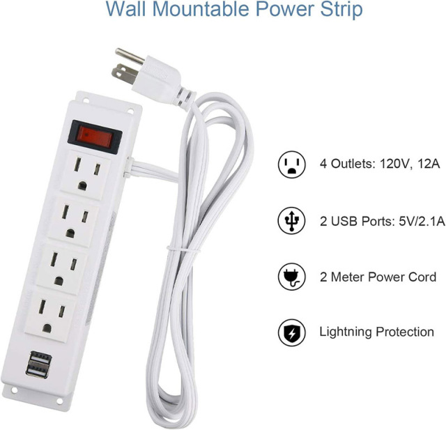 Wall Mount Power Strip with 4 Outlet, Mountable Power Strip with 2 USB Ports, 4-Port Under Desk Mount Connect with 6FT Power Cord, for Workbench, Nightstand, Dresser, Table.