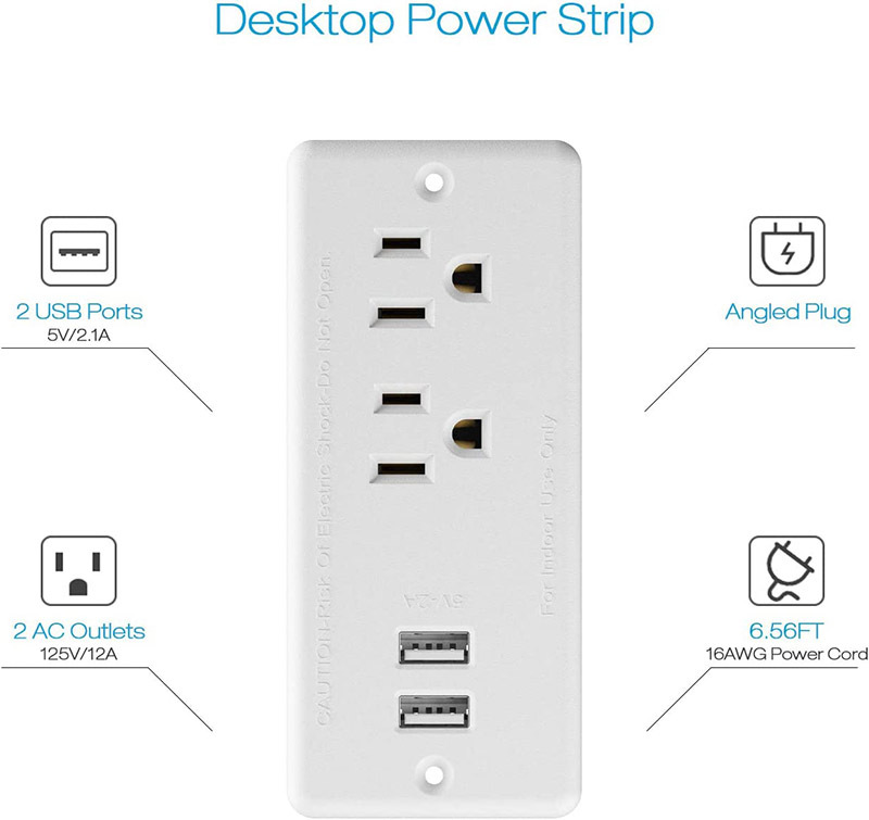 Recessed Power Strip Flat Plug, White Desk Outlet with USB Conference Recessed Power Outlet Socket with 2 AC Plugs, 2 USB Ports Connect with 6.56ft Power Cord for Furniture, Home, Office