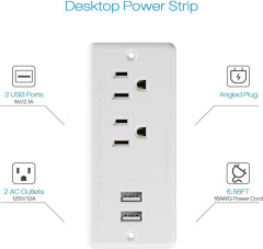 Recessed Power Strip Flat Plug, White Desk Outlet with USB Conference Recessed Power Outlet Socket with 2 AC Plugs, 2 USB Ports Connect with 6.56ft Power Cord for Furniture, Home, Office