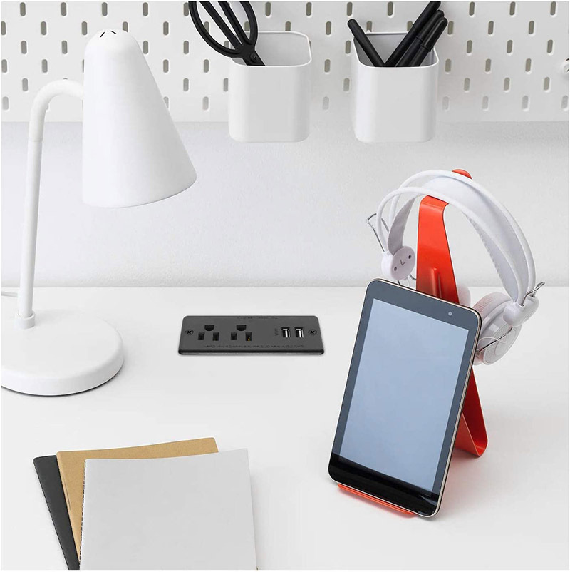 Recessed Power Strip Flat Plug, Desk Outlet with USB, Conference Recessed Power Outlet Socket with 2 AC Plugs, 2 USB Ports Connect with 6.56ft Power Cord for Furniture, Home, Office