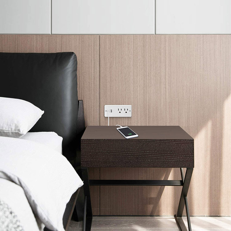 Recessed Power Strip Flat Plug, White Desk Outlet with USB Conference Recessed Power Outlet Socket with 2 AC Plugs, 2 USB Ports Connect with 6.56ft Power Cord for Furniture, Home, Office