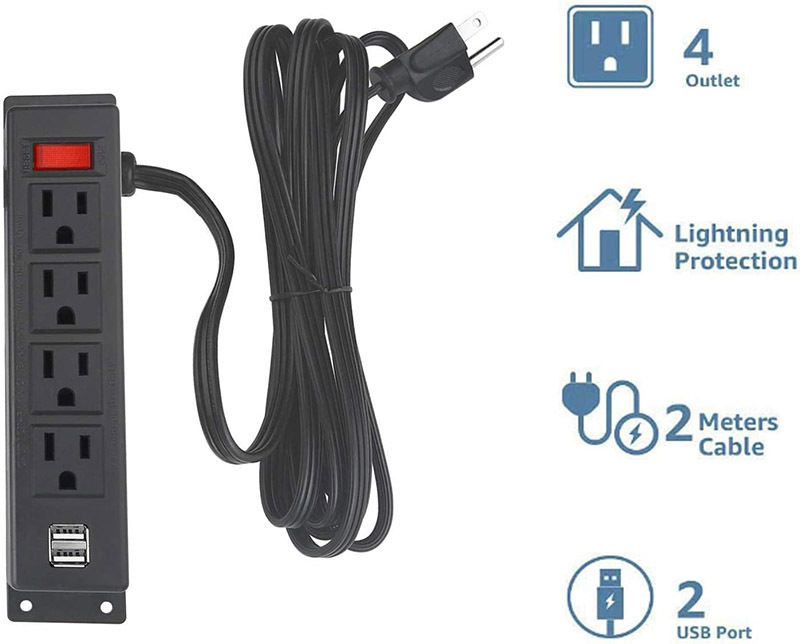 Wall Mount Power Strip with 4 Outlet, Mountable Power Strip with 2 USB Ports, 4-Port Under Desk Mount Connect with 6FT Power Cord, for Workbench, Nightstand, Dresser, Table.
