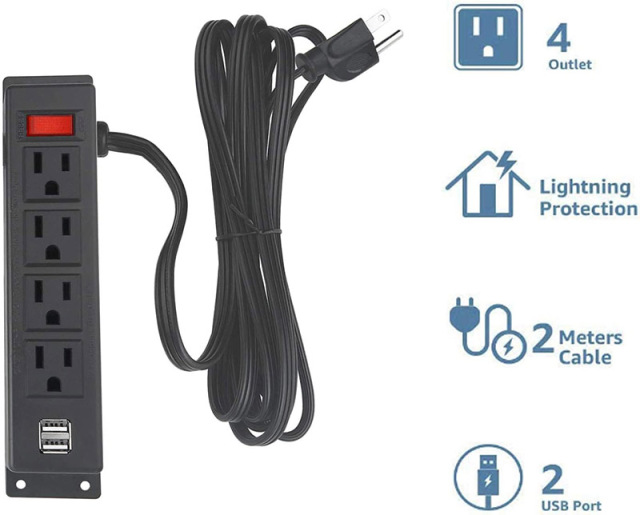 Wall Mount Power Strip with 4 Outlet, Mountable Power Strip with 2 USB Ports, 4-Port Under Desk Mount Connect with 6FT Power Cord, for Workbench, Nightstand, Dresser, Table.