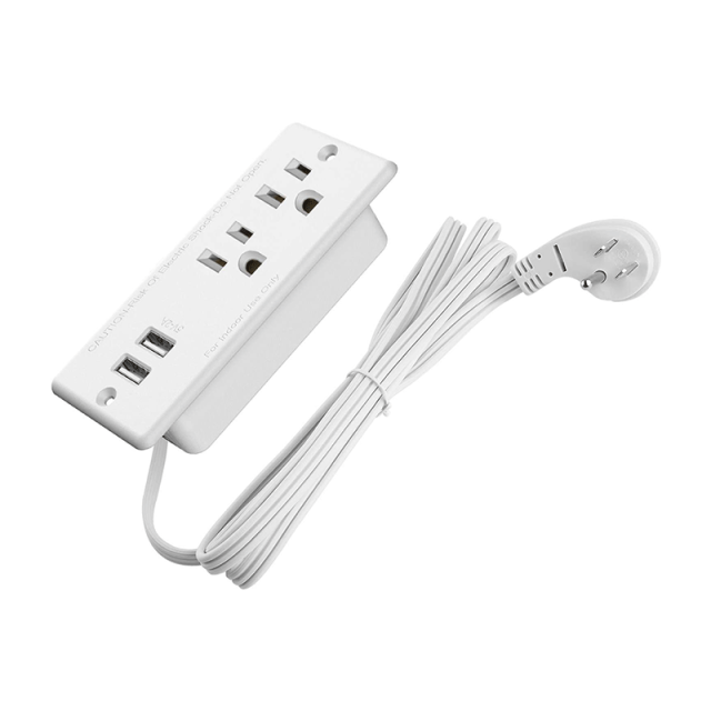 Recessed Power Strip Flat Plug, White Desk Outlet with USB Conference Recessed Power Outlet Socket with 2 AC Plugs, 2 USB Ports Connect with 6.56ft Power Cord for Furniture, Home, Office