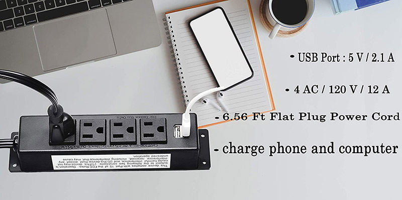 Wall Mount Power Strip with USB, 4 AC Outlet and 2 USB Ports, 6.5 FT Flat Plug Extension Cord, Mountable Power Strip Outlet for/Workbench/Office/Drawer/Nightstand/Cabinet/Desk/Table