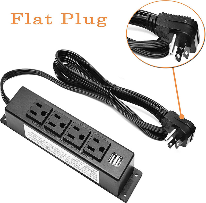 Wall Mount Power Strip with USB, 4 AC Outlet and 2 USB Ports, 6.5 FT Flat Plug Extension Cord, Mountable Power Strip Outlet for/Workbench/Office/Drawer/Nightstand/Cabinet/Desk/Table