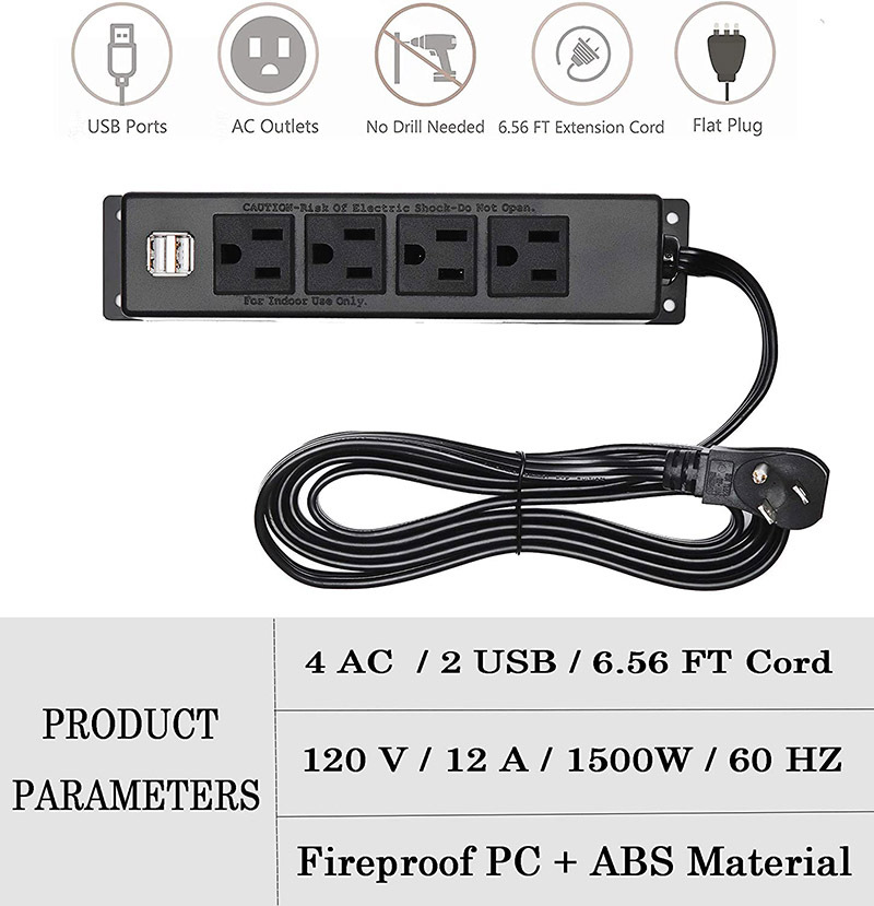 Wall Mount Power Strip with USB, 4 AC Outlet and 2 USB Ports, 6.5 FT Flat Plug Extension Cord, Mountable Power Strip Outlet for/Workbench/Office/Drawer/Nightstand/Cabinet/Desk/Table