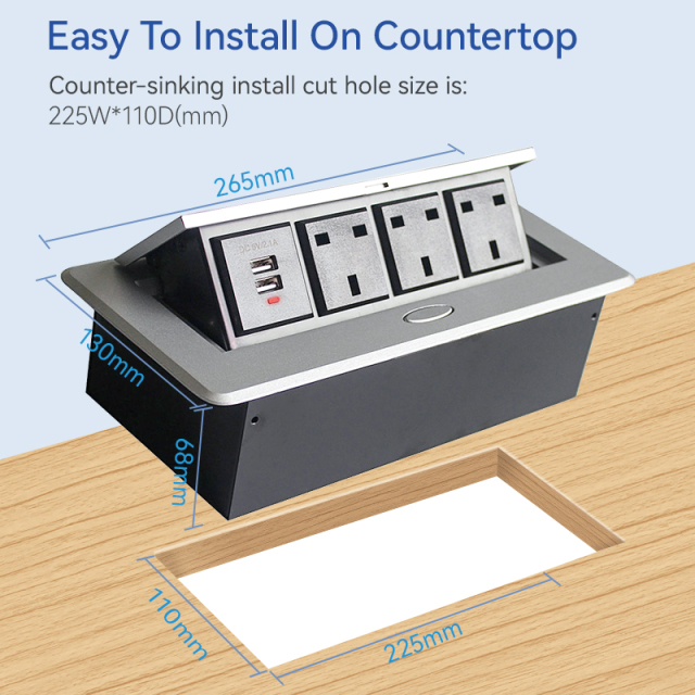 UK Funiture Power Box Pop Up Table Box with 3 UK outlets 2 USB Charging Customized Demands Support