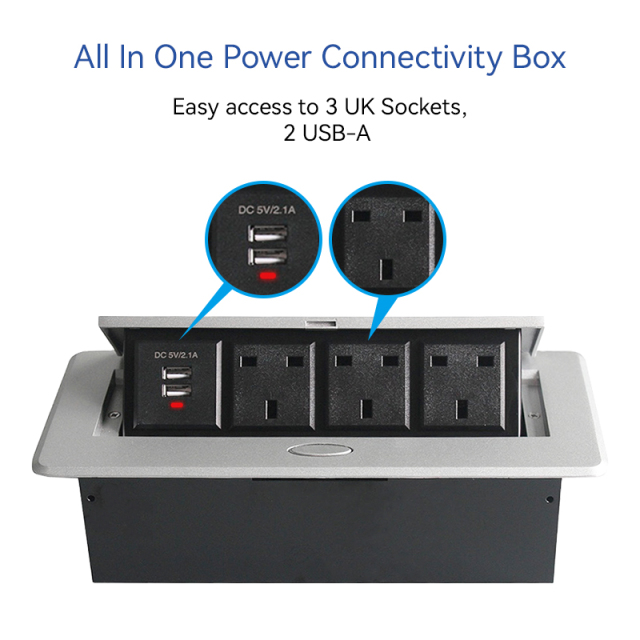 UK Funiture Power Box Pop Up Table Box with 3 UK outlets 2 USB Charging Customized Demands Support