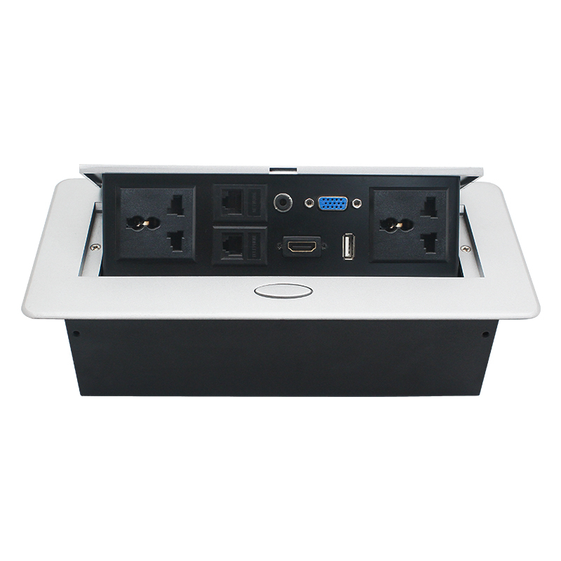 Universal Power Table Box Hidden Pop Up Power Box with 2 Universal outlet 2 CAT6 HDMI USB Data Audio Jack VGA