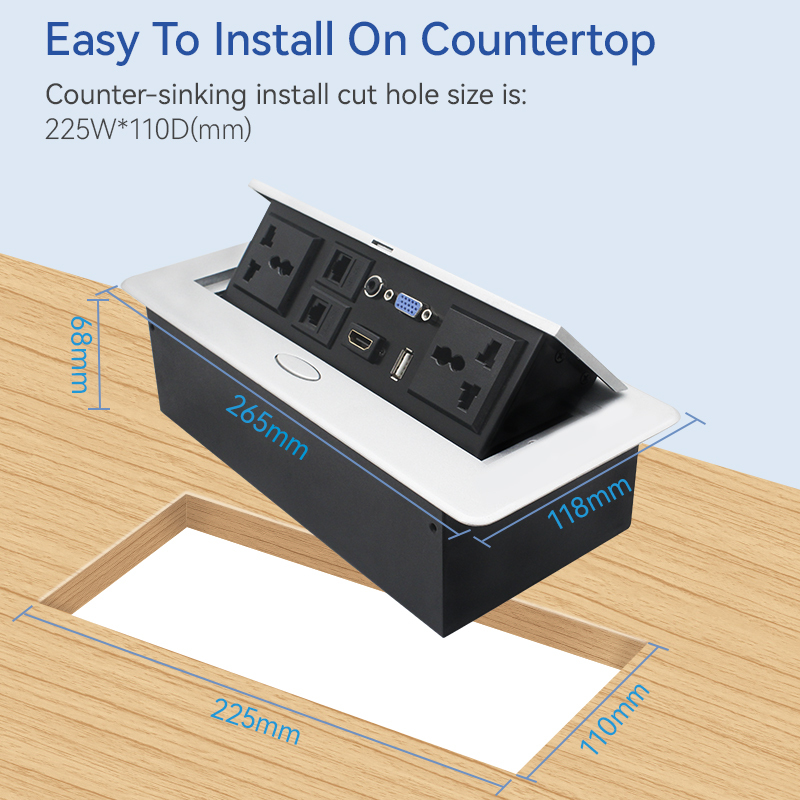 Universal Power Table Box Hidden Pop Up Power Box with 2 Universal outlet 2 CAT6 HDMI USB Data Audio Jack VGA