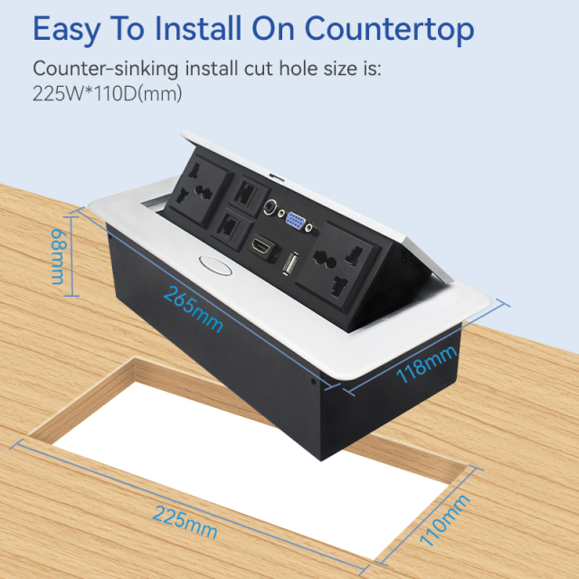 Universal Power Table Box Hidden Pop Up Power Box with 2 Universal outlet 2 CAT6 HDMI USB Data Audio Jack VGA