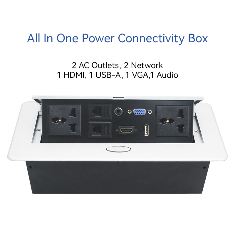 Universal Power Table Box Hidden Pop Up Power Box with 2 Universal outlet 2 CAT6 HDMI USB Data Audio Jack VGA